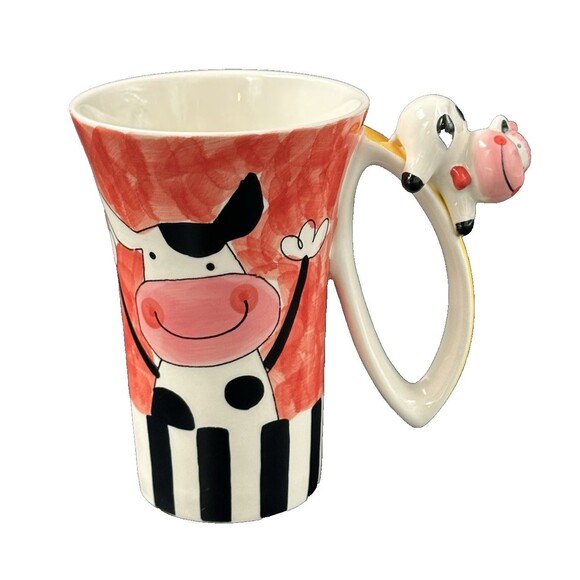 Indra Hand Painted Colorful Cow Stoneware Mug made in Thailand 3D Cow on Handle - Picture 1 of 7